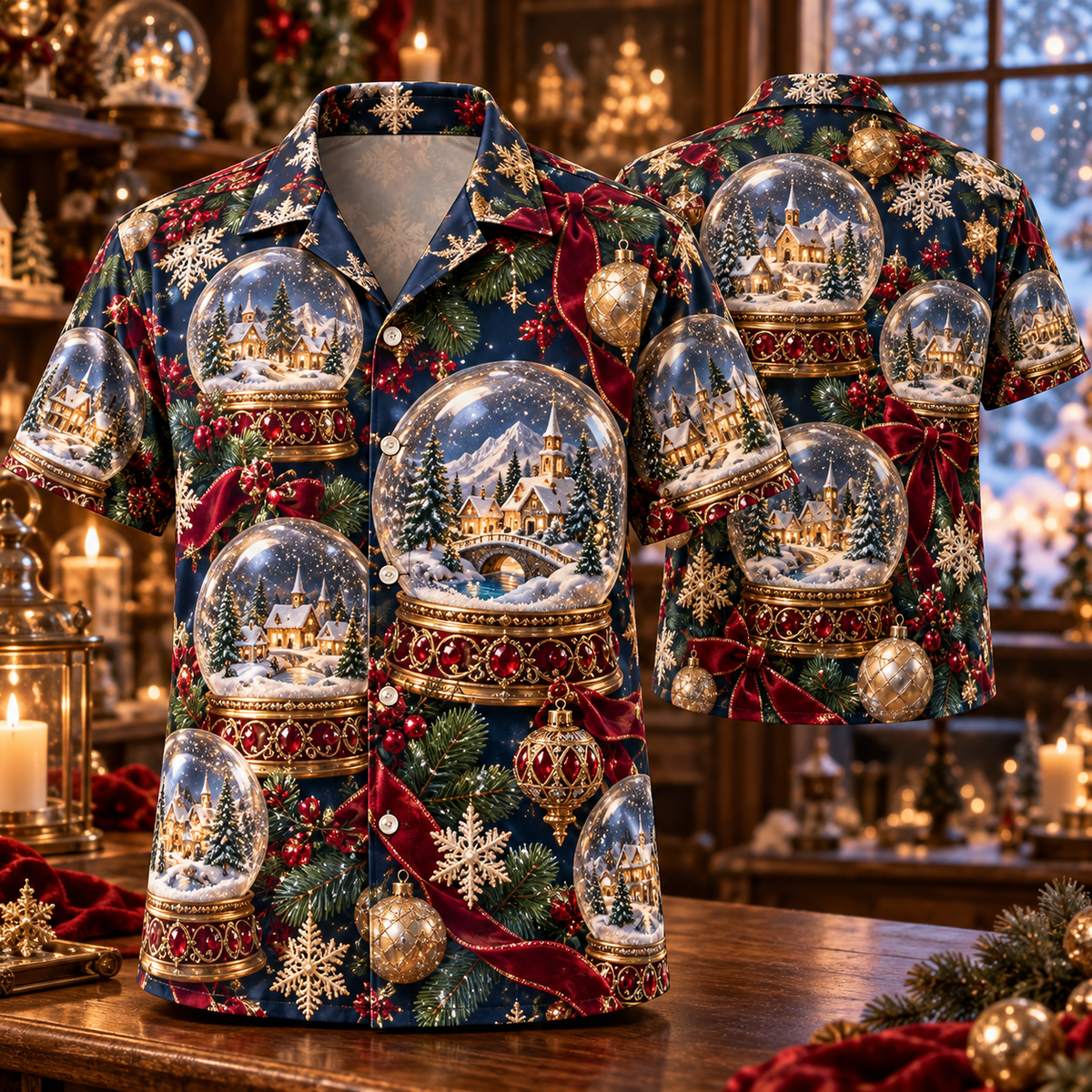 AlohaVero Christmas snow globes Hawaiian shirt, front and back views