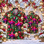 AlohaVero Christmas fuchsias Hawaiian shirt, front and back views