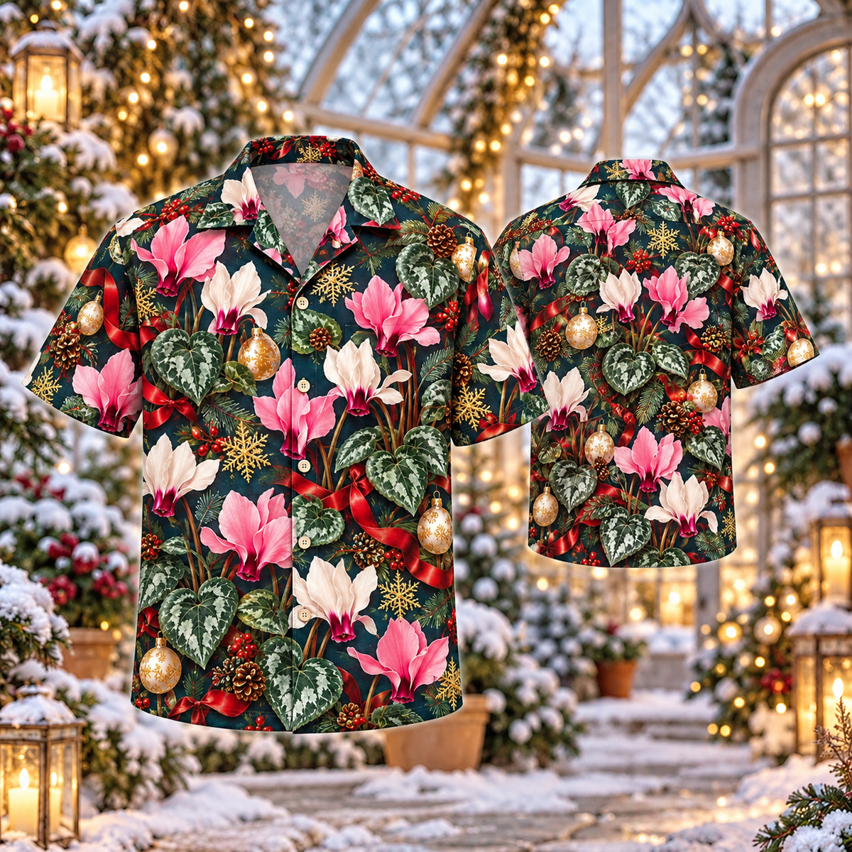 AlohaVero Christmas cyclamen Hawaiian shirt, front and back views