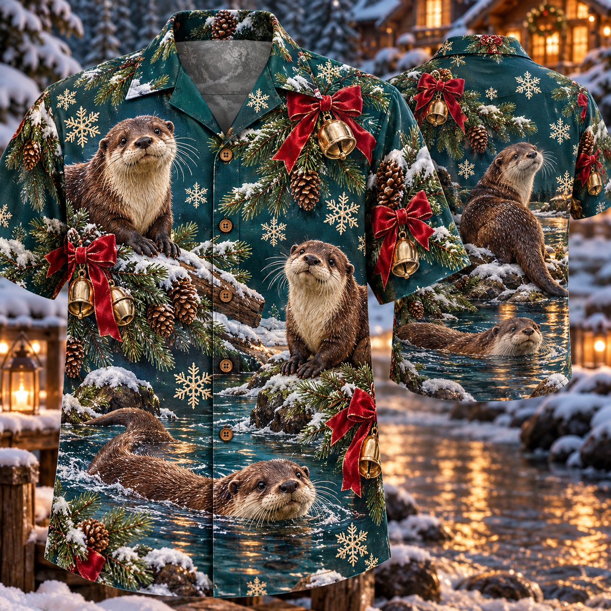 AlohaVero Christmas otters Hawaiian shirt, front and back views