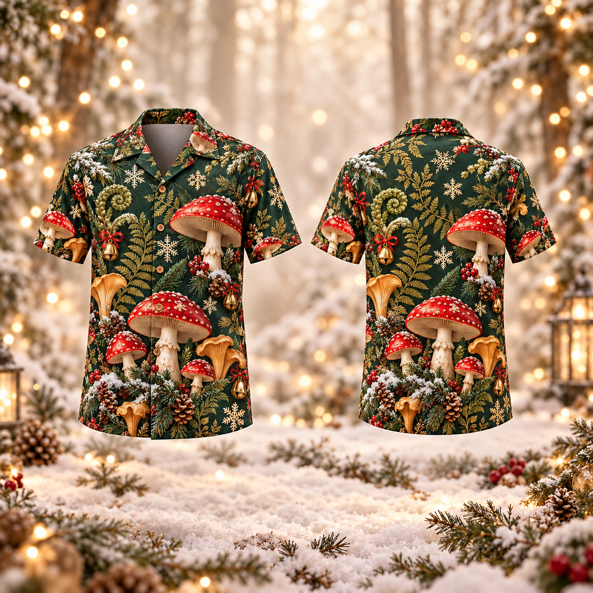 AlohaVero Christmas mushrooms Hawaiian shirt, front and back views