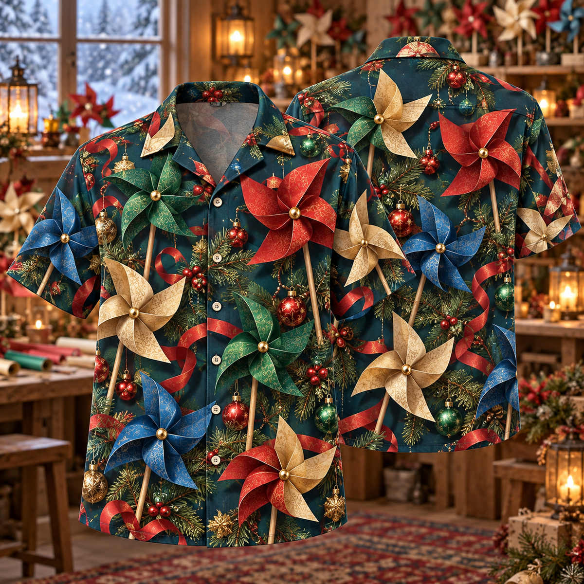 AlohaVero Christmas pinwheels Hawaiian shirt, front and back views