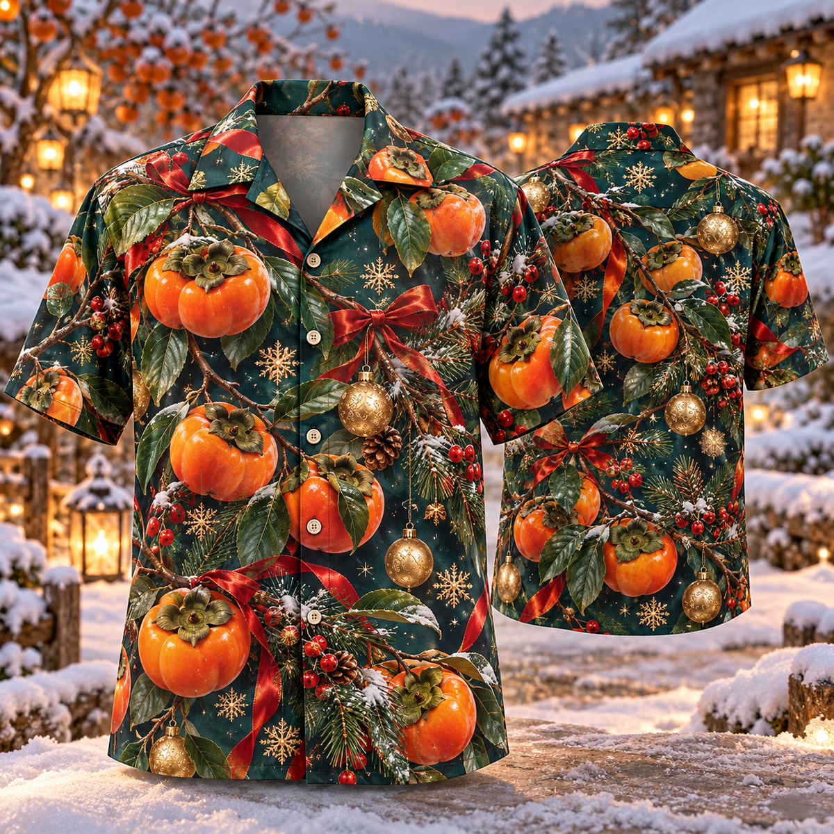 AlohaVero Christmas persimmons Hawaiian shirt, front and back views