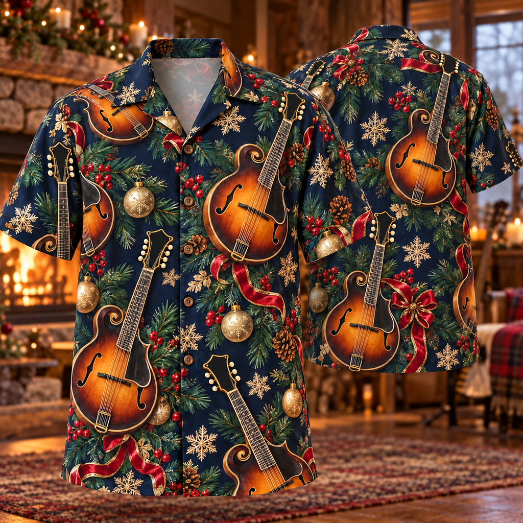 AlohaVero Christmas mandolins Hawaiian shirt, front and back views