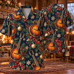 AlohaVero Christmas mandolins Hawaiian shirt, front and back views