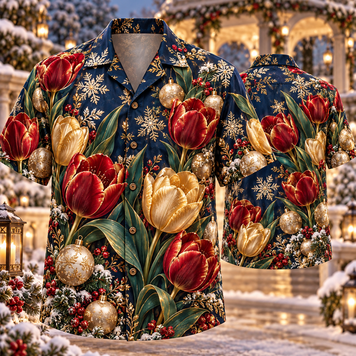 AlohaVero Christmas tulips Hawaiian shirt, front and back views