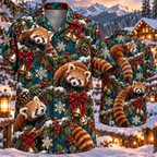 AlohaVero Christmas red-pandas Hawaiian shirt, front and back views