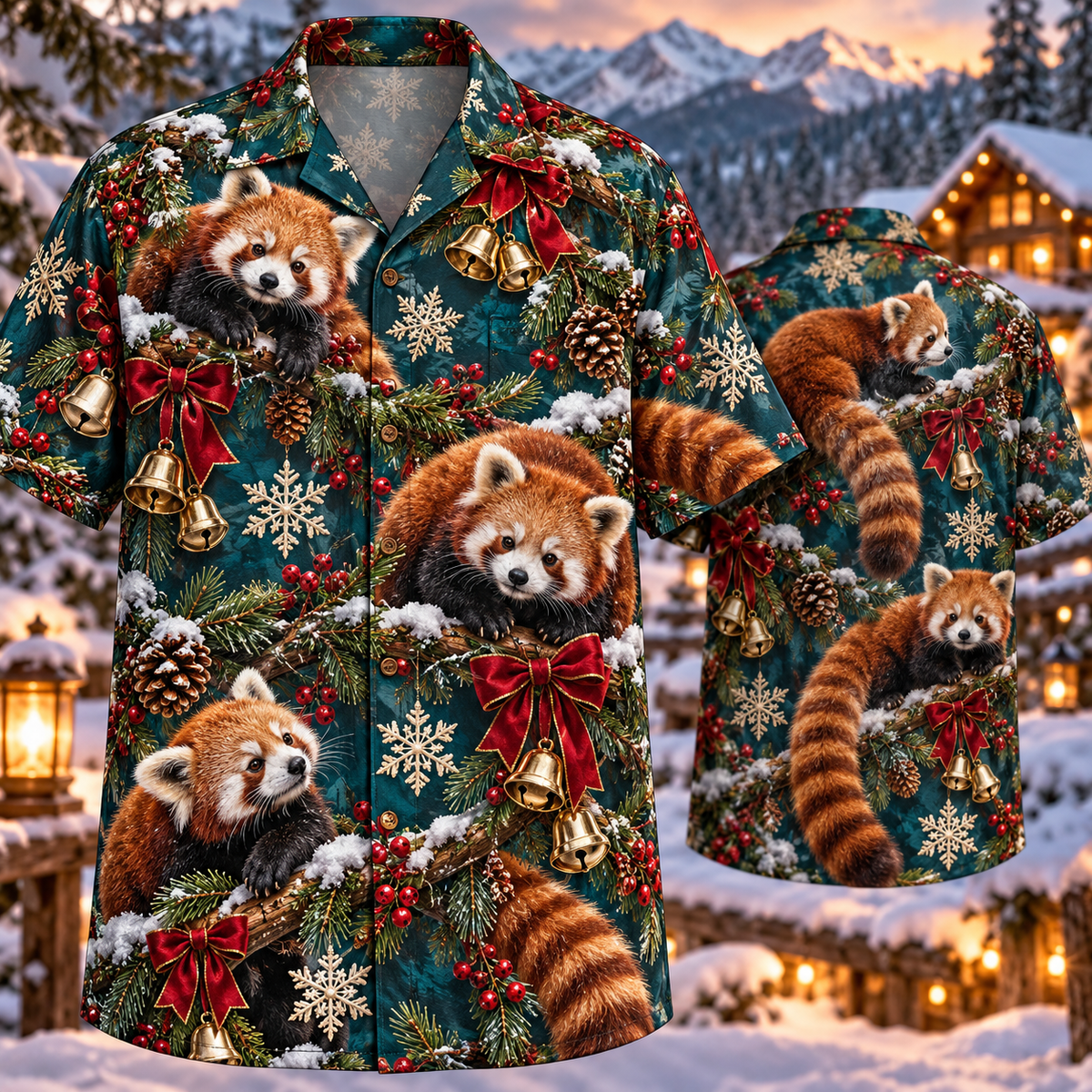 AlohaVero Christmas red-pandas Hawaiian shirt, front and back views