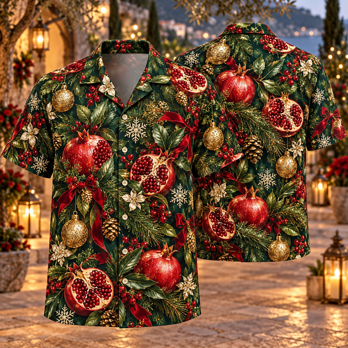 AlohaVero Christmas pomegranates Hawaiian shirt, front and back views