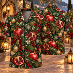 AlohaVero Christmas pomegranates Hawaiian shirt, front and back views