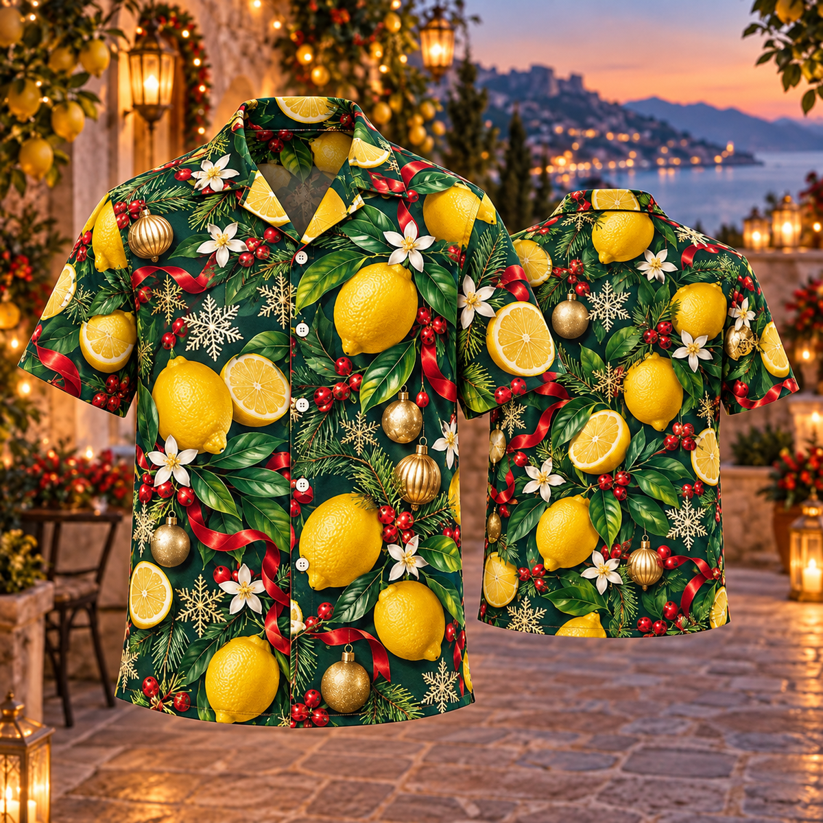 AlohaVero Christmas lemons Hawaiian shirt, front and back views