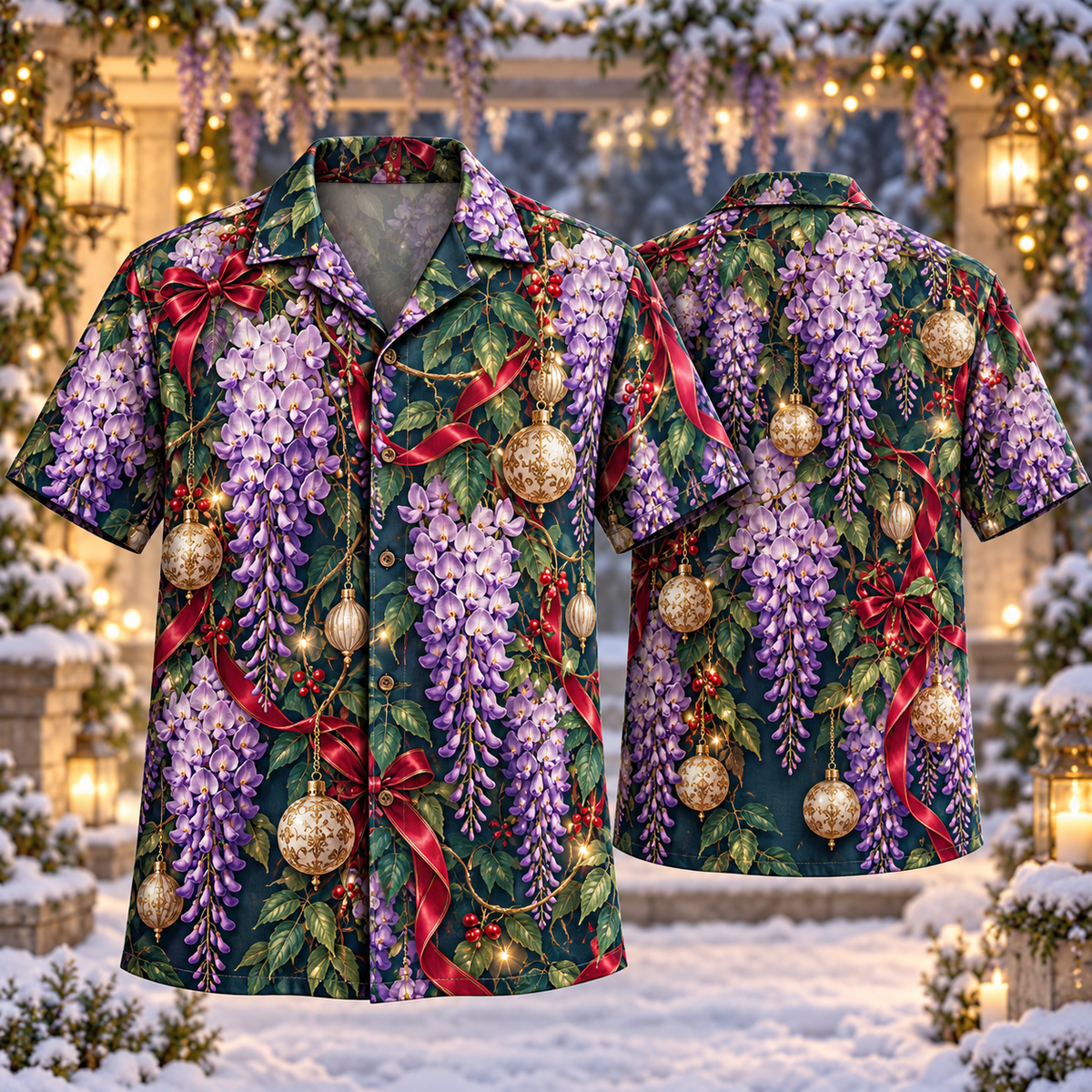 AlohaVero Christmas wisteria Hawaiian shirt, front and back views