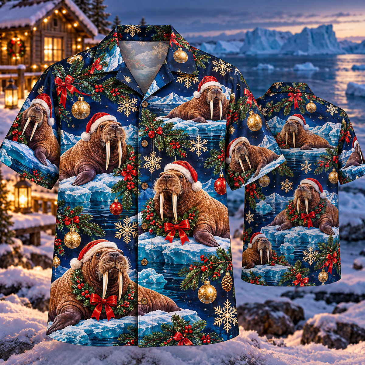 AlohaVero Christmas walruses Hawaiian shirt, front and back views