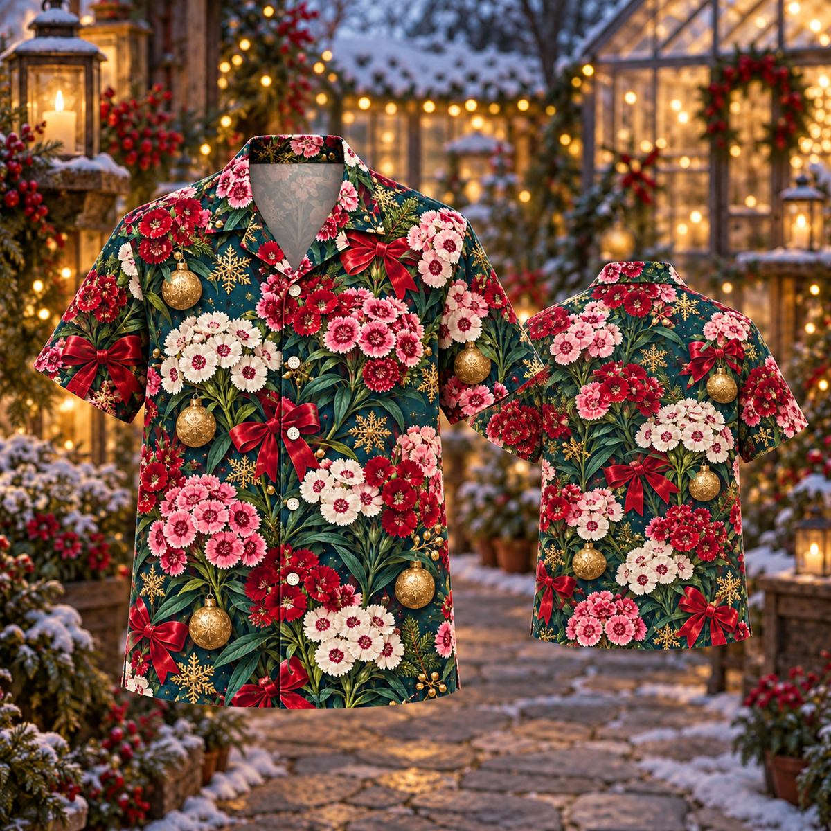 AlohaVero Christmas sweet-williams Hawaiian shirt, front and back views