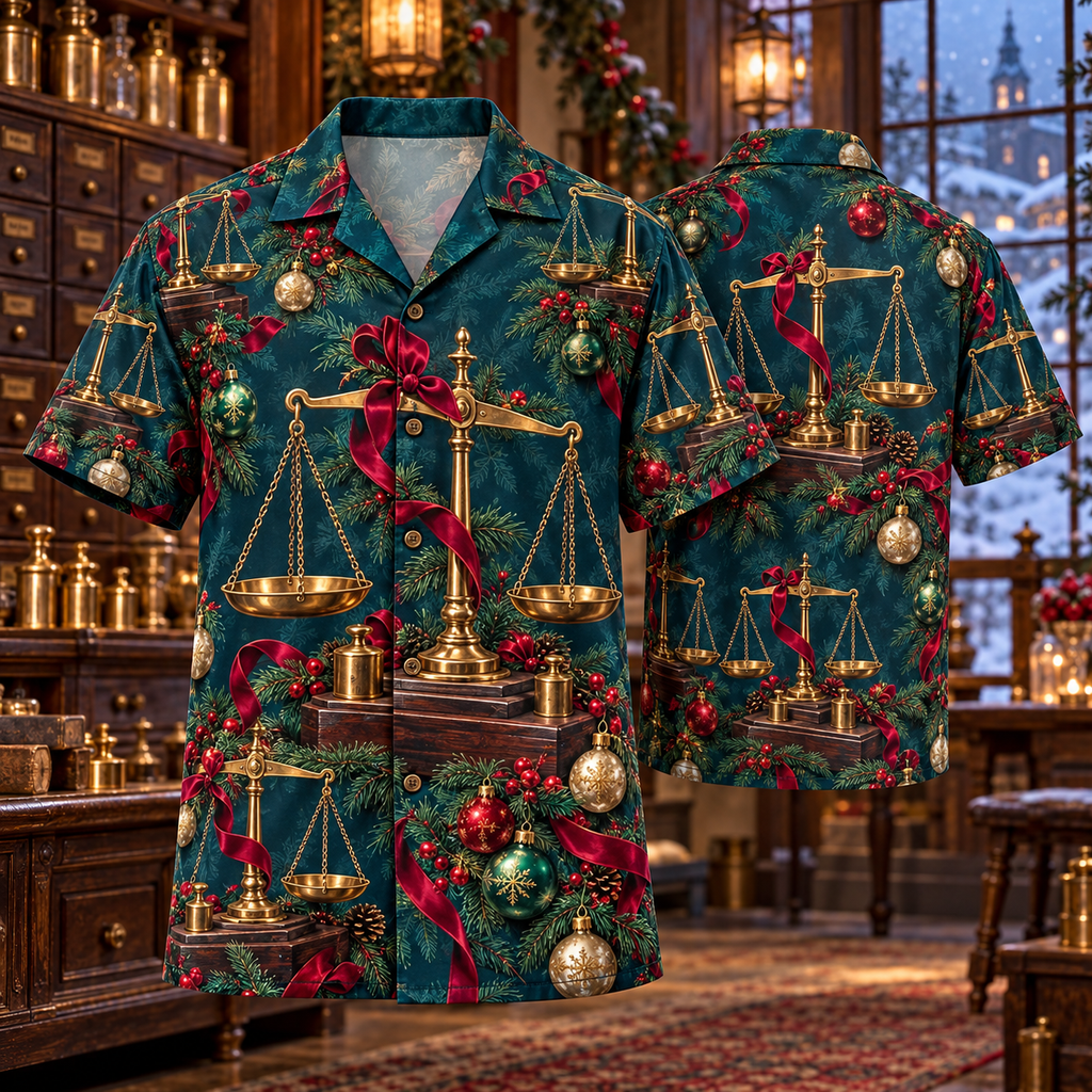 AlohaVero Christmas balance scales Hawaiian shirt, front and back views