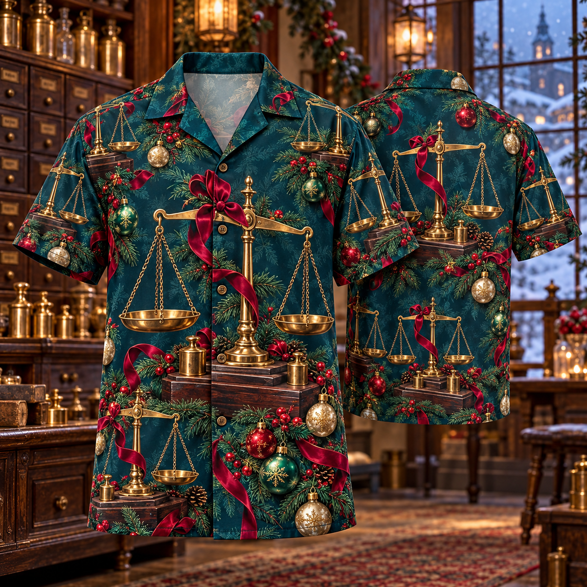 AlohaVero Christmas balance scales Hawaiian shirt, front and back views