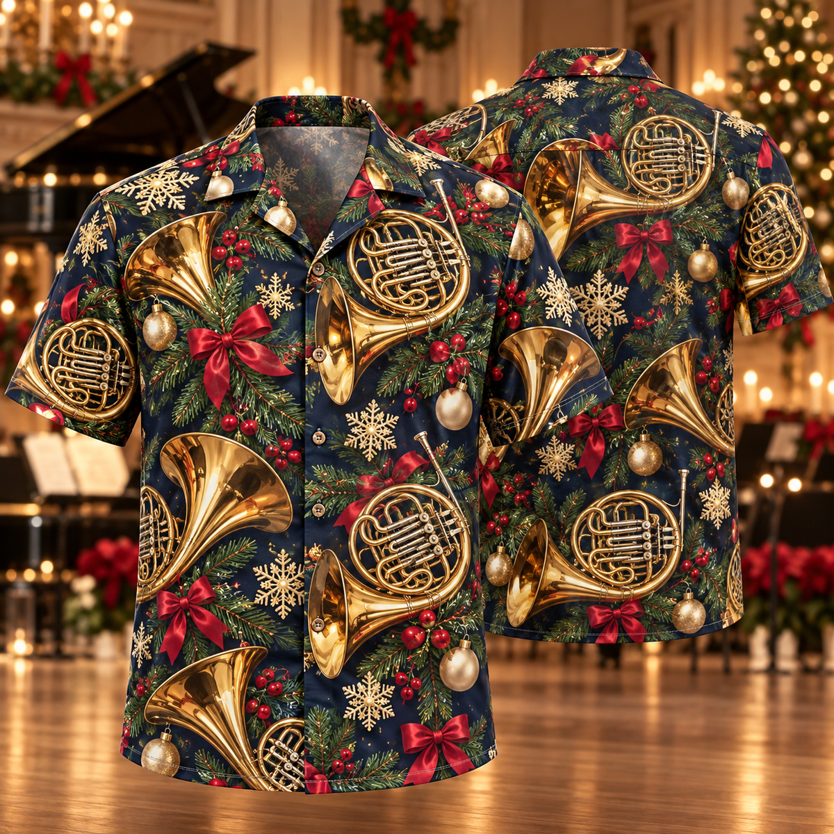 AlohaVero Christmas French horns Hawaiian shirt, front and back views