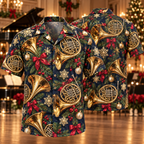 AlohaVero Christmas French horns Hawaiian shirt, front and back views