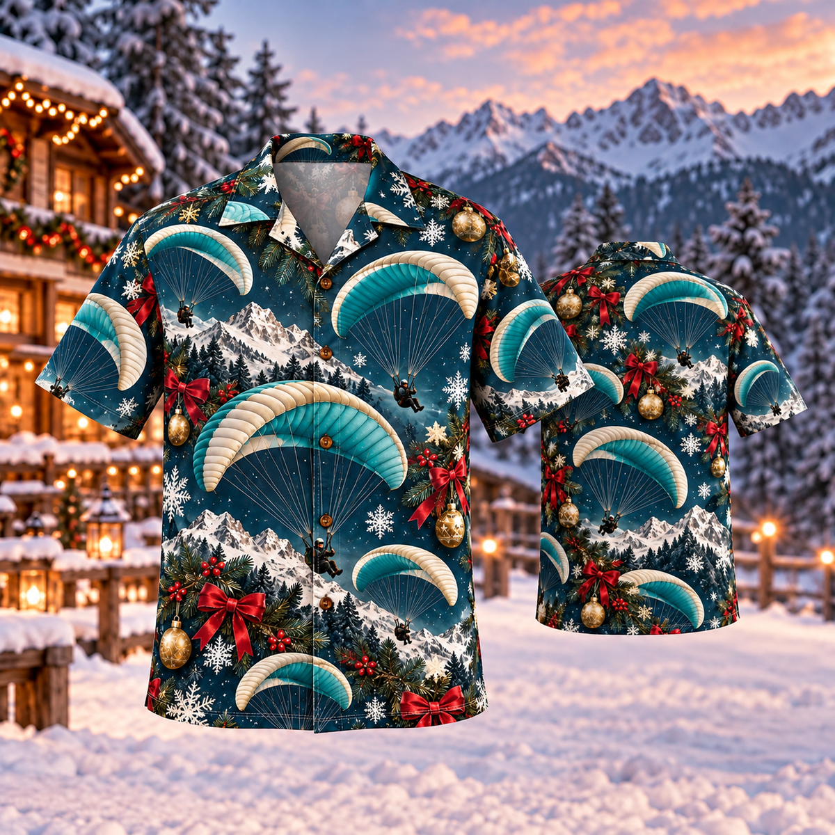 AlohaVero Christmas paragliders Hawaiian shirt, front and back views
