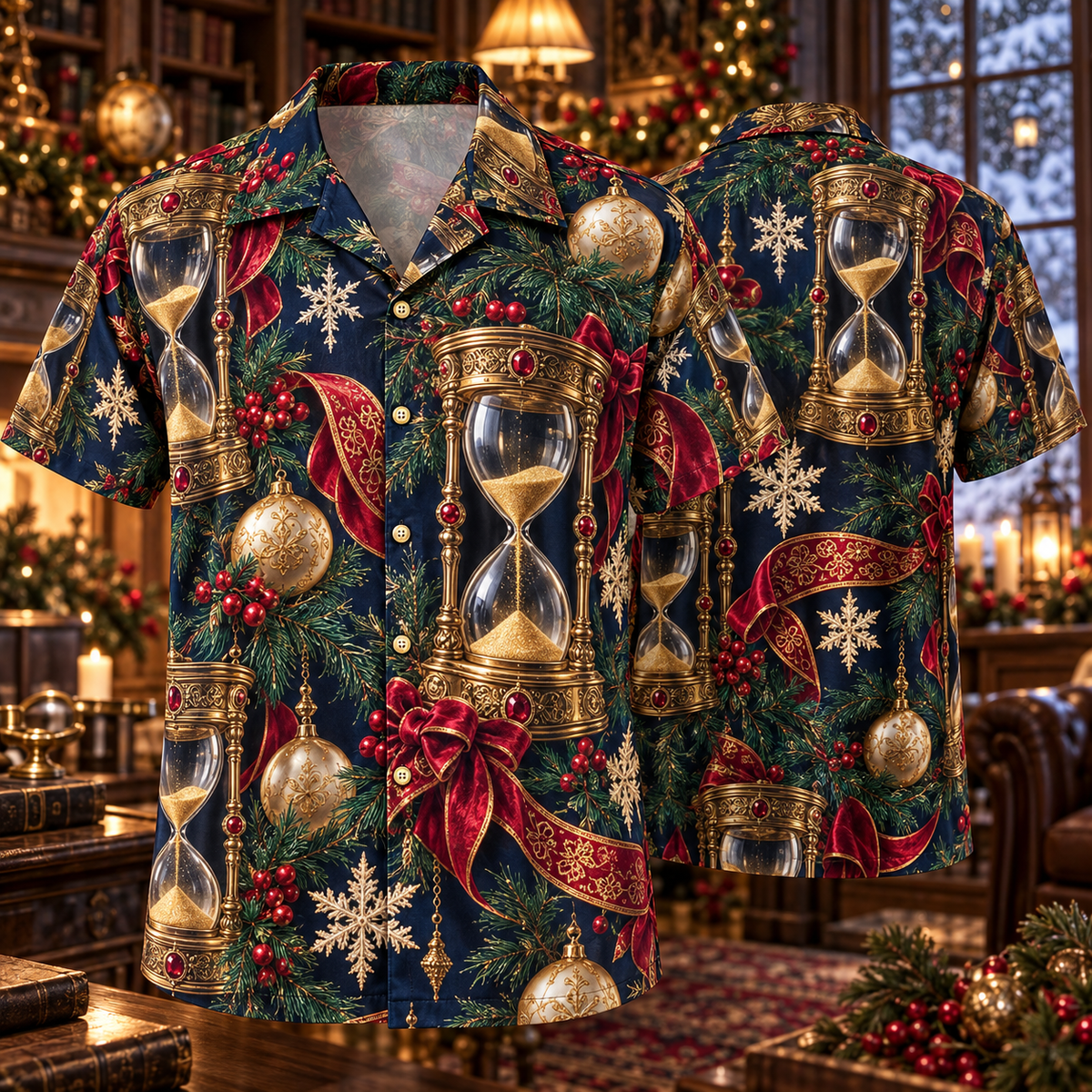 AlohaVero Christmas hourglasses Hawaiian shirt, front and back views