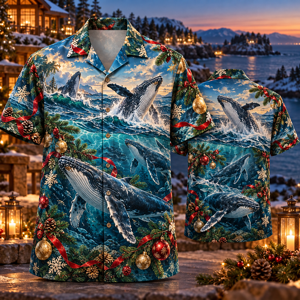 AlohaVero Christmas humpback whales Hawaiian shirt, front and back views
