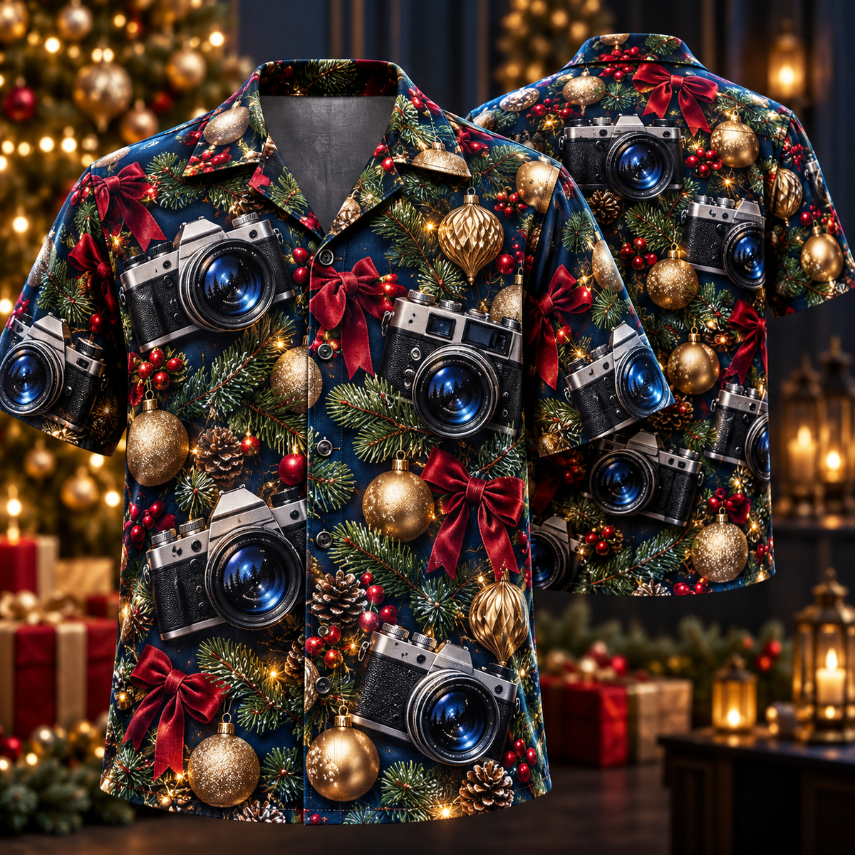 AlohaVero Christmas cameras Hawaiian shirt, front and back views