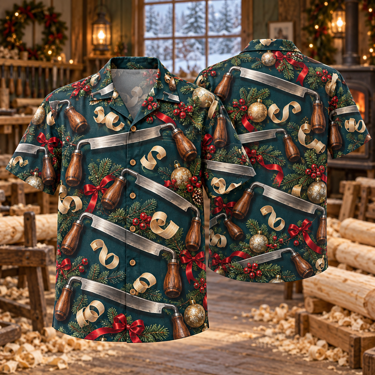 AlohaVero Christmas drawknives Hawaiian shirt, front and back views