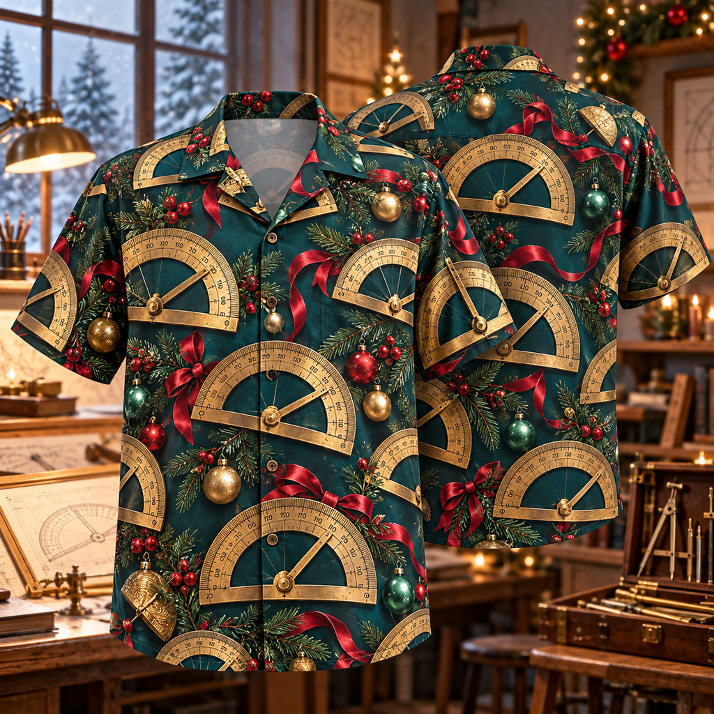 AlohaVero Christmas protractors Hawaiian shirt, front and back views