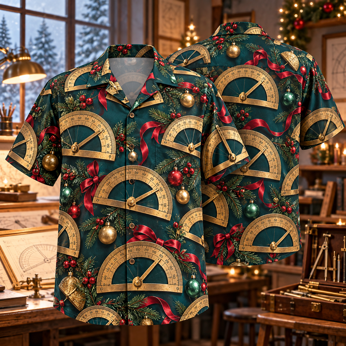 AlohaVero Christmas protractors Hawaiian shirt, front and back views