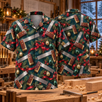 AlohaVero Christmas try-squares Hawaiian shirt, front and back views