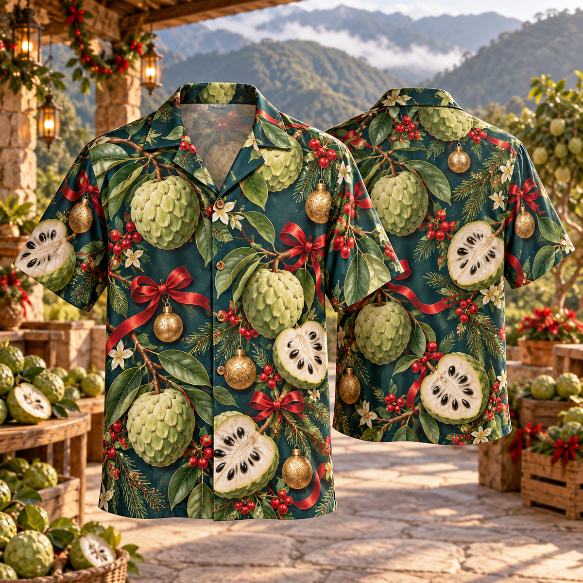 AlohaVero Christmas cherimoyas Hawaiian shirt, front and back views