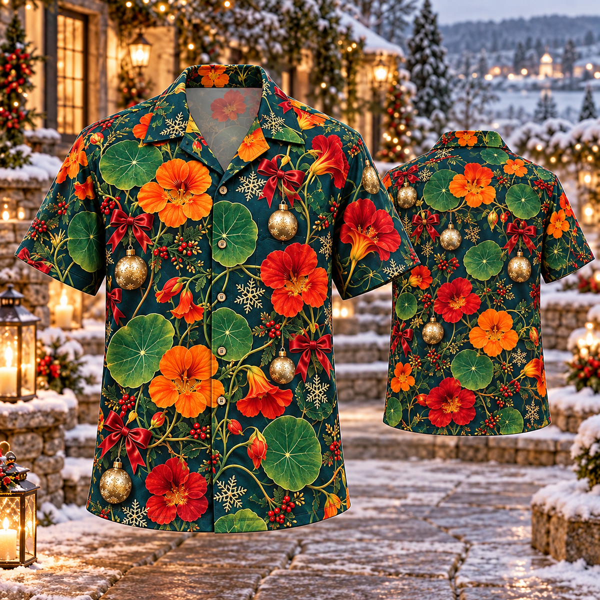 AlohaVero Christmas nasturtiums Hawaiian shirt, front and back views