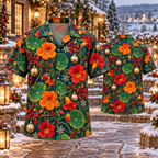 AlohaVero Christmas nasturtiums Hawaiian shirt, front and back views