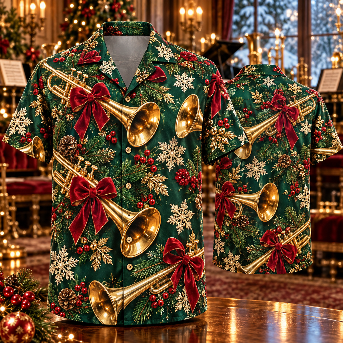 AlohaVero Christmas trumpets Hawaiian shirt, front and back views