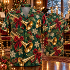 AlohaVero Christmas trumpets Hawaiian shirt, front and back views