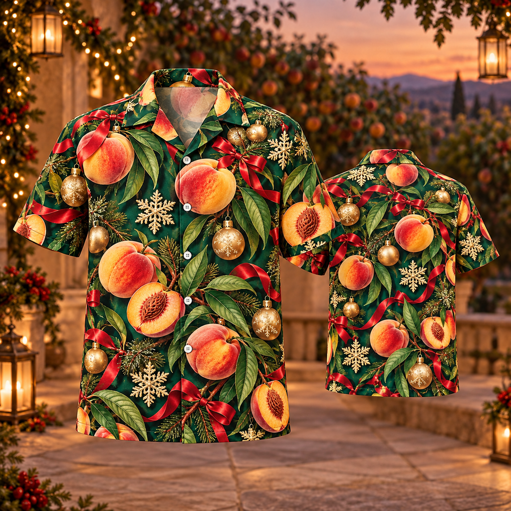 AlohaVero Christmas peaches Hawaiian shirt, front and back views