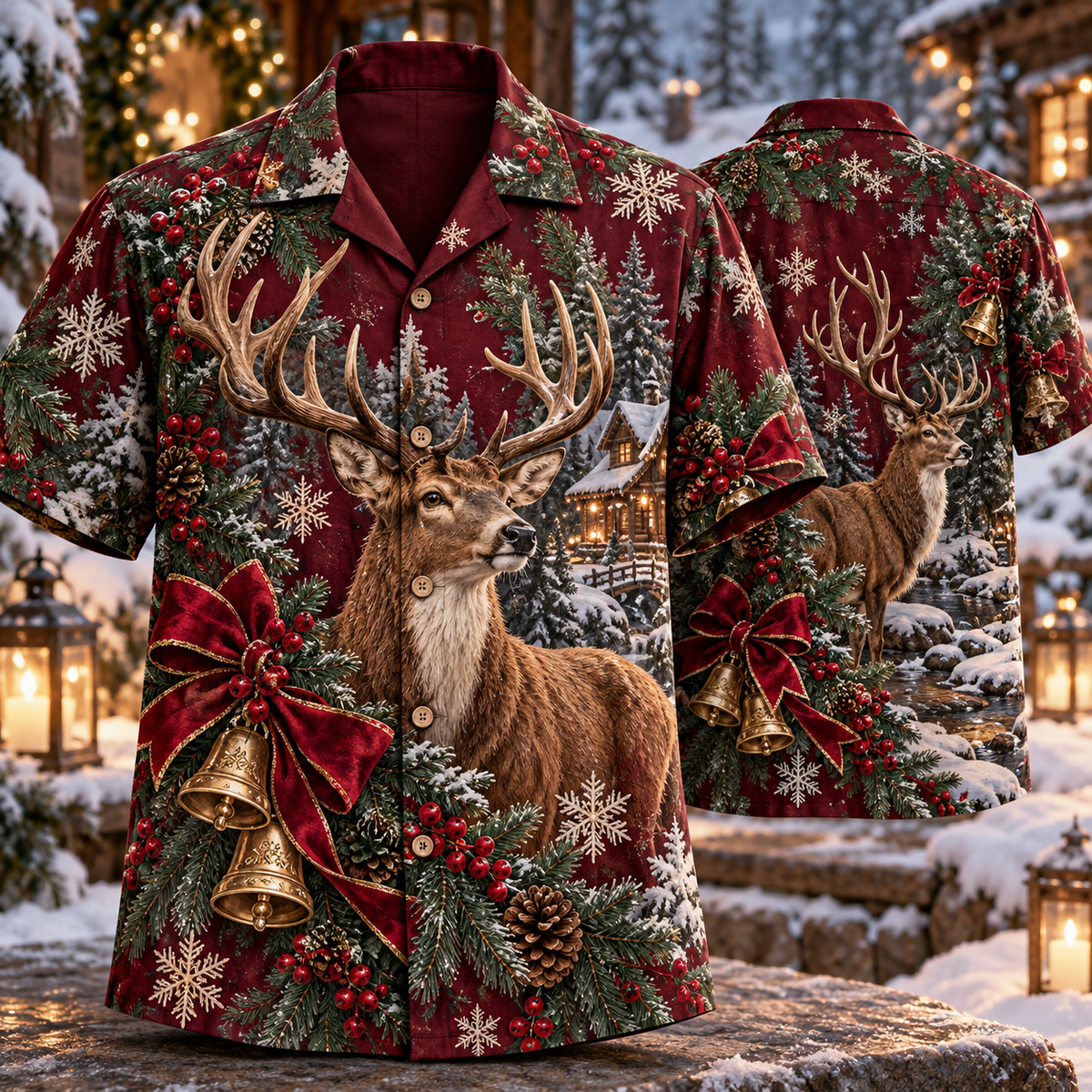 AlohaVero Christmas deer Hawaiian shirt, front and back views