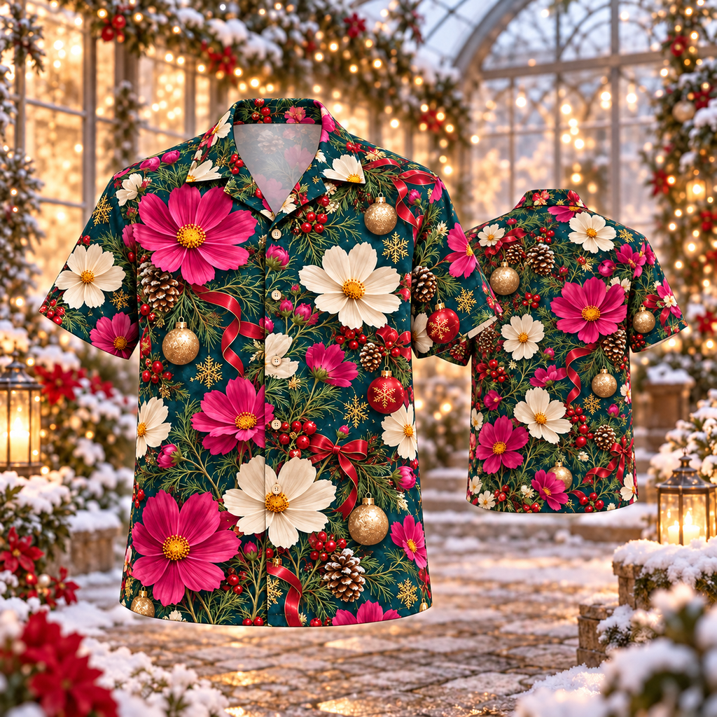 AlohaVero Christmas cosmos Hawaiian shirt, front and back views