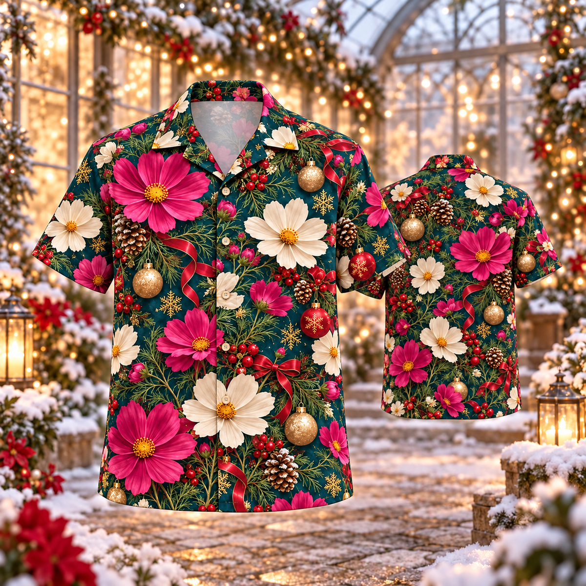 AlohaVero Christmas cosmos Hawaiian shirt, front and back views