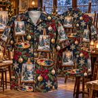 AlohaVero Christmas art easels Hawaiian shirt, front and back views