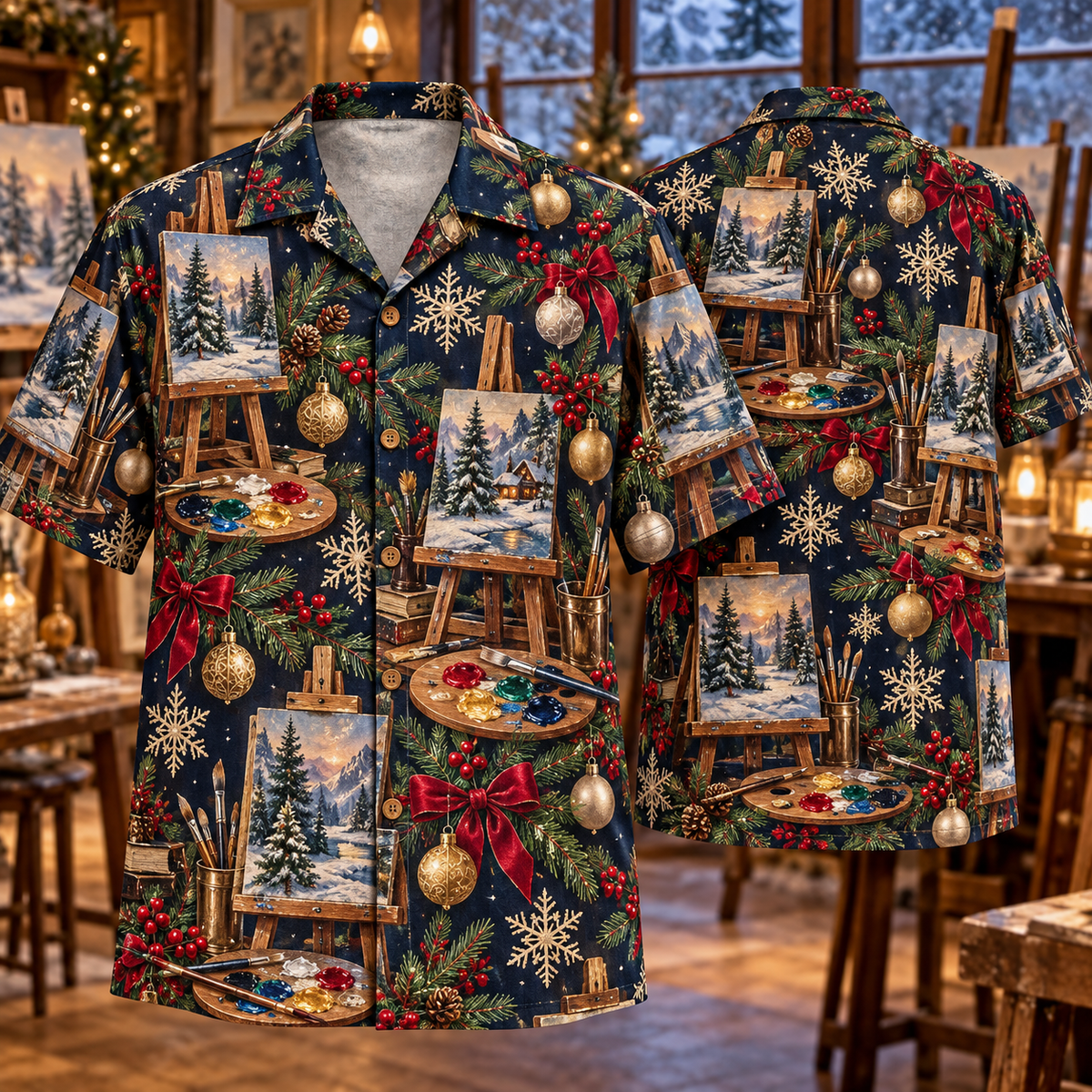 AlohaVero Christmas art easels Hawaiian shirt, front and back views