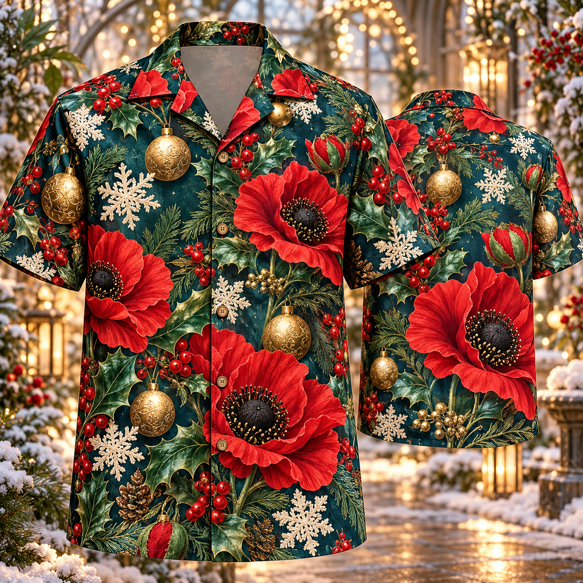 AlohaVero Christmas poppies Hawaiian shirt, front and back views