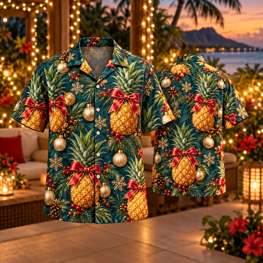 AlohaVero Christmas pineapples Hawaiian shirt, front and back views