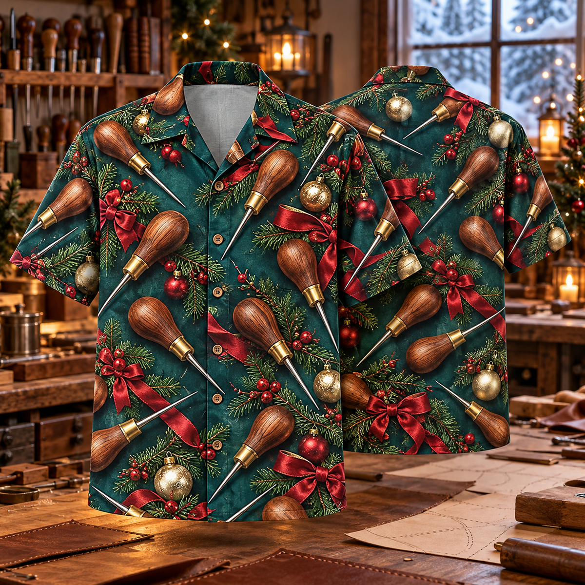AlohaVero Christmas awls Hawaiian shirt, front and back views