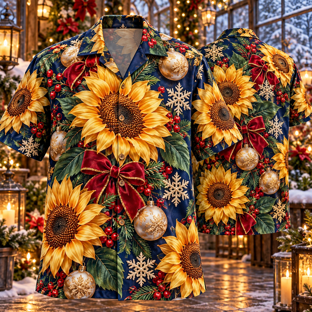 AlohaVero Christmas sunflowers Hawaiian shirt, front and back views