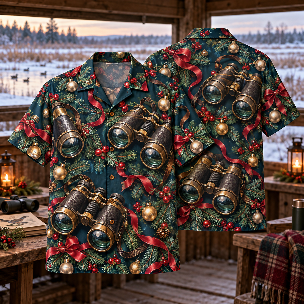 AlohaVero Christmas binoculars Hawaiian shirt, front and back views