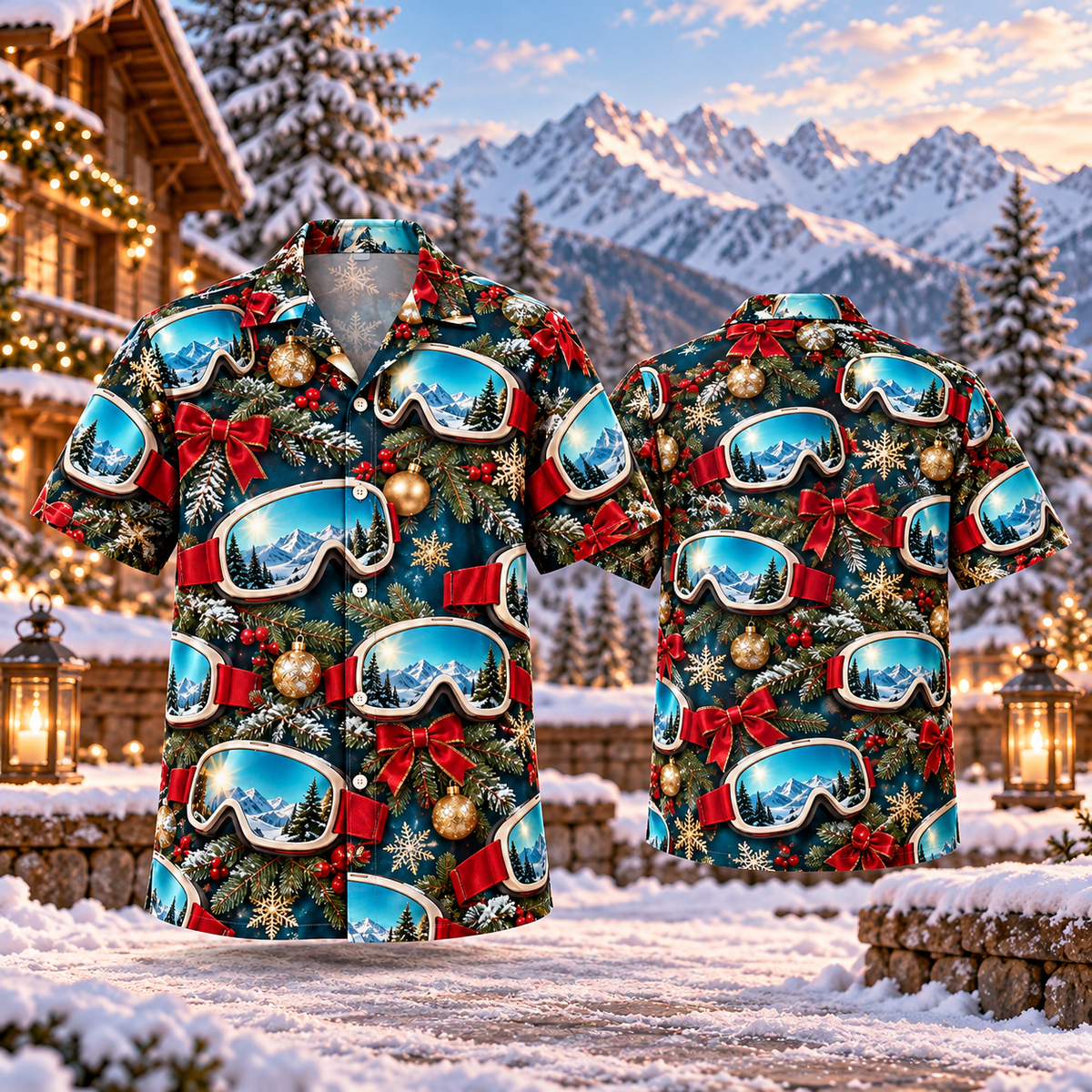 AlohaVero Christmas ski-goggles Hawaiian shirt, front and back views