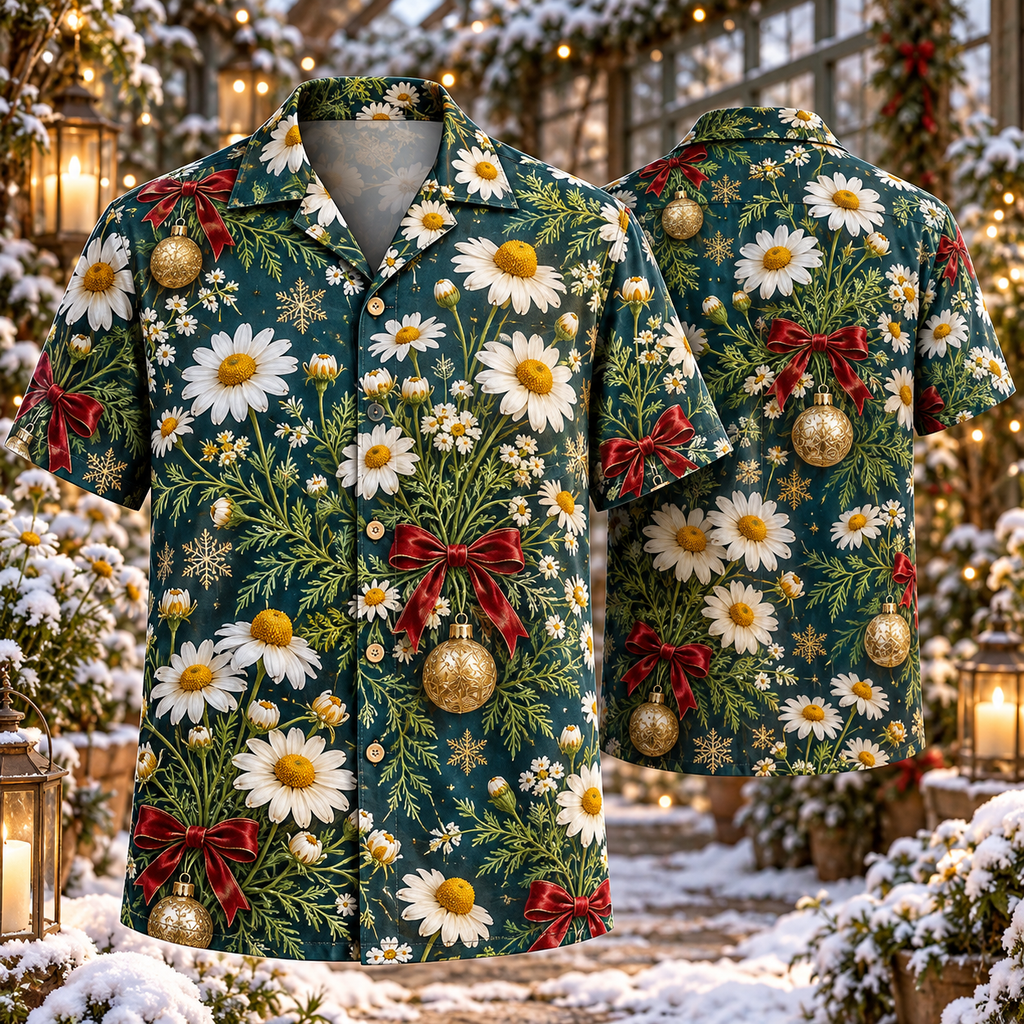 AlohaVero Christmas camomile Hawaiian shirt, front and back views