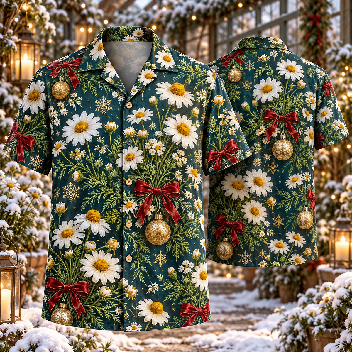 AlohaVero Christmas camomile Hawaiian shirt, front and back views
