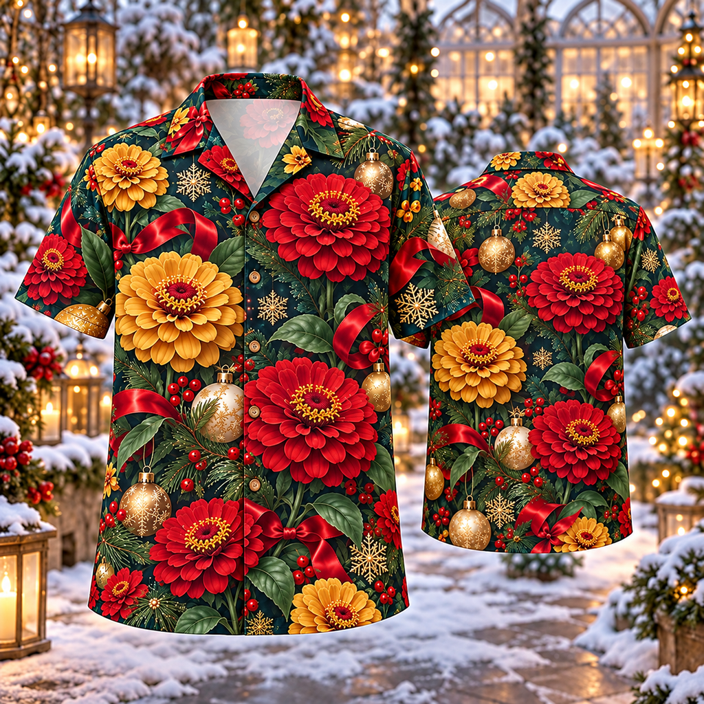 AlohaVero Christmas zinnias Hawaiian shirt, front and back views
